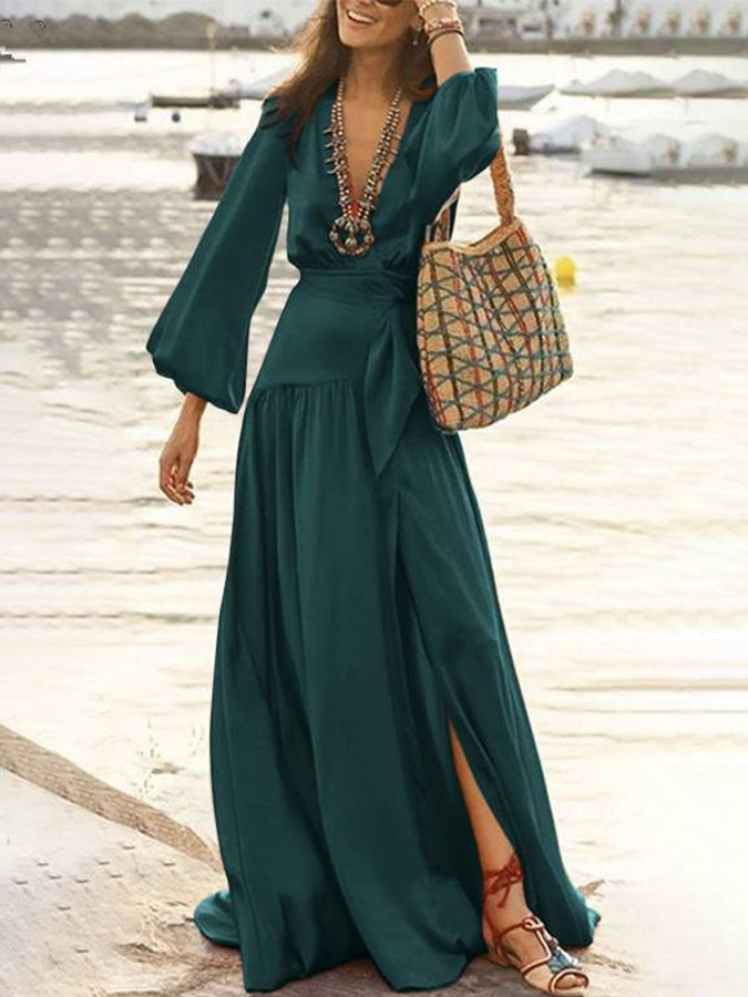 Long Sleeves V Neck Maxi Dress
