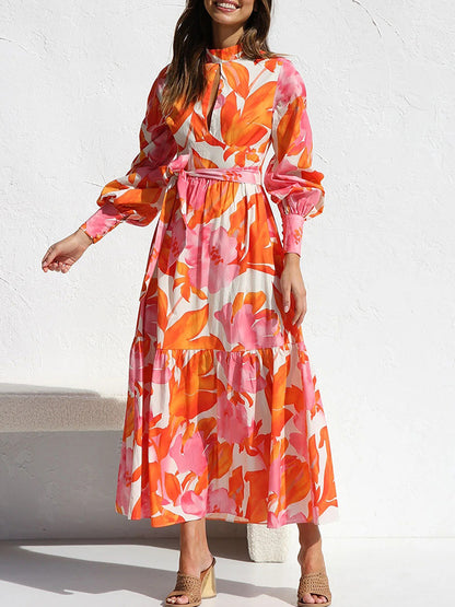 Long Sleeves Printed Lace-up Maxi Dress