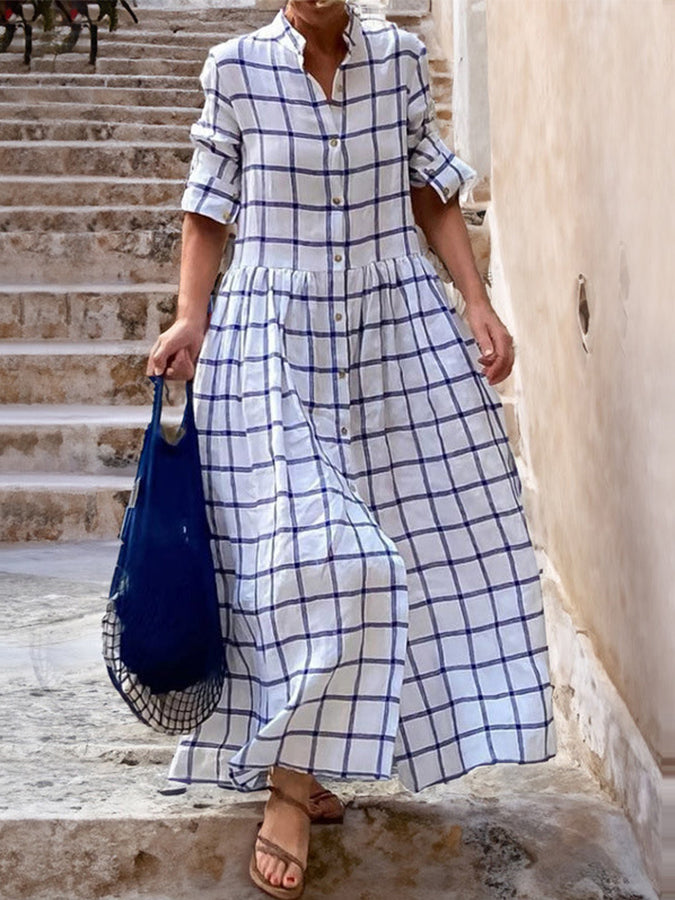 Plaid Long Sleeves Loose Swing Shirt Maxi Dress