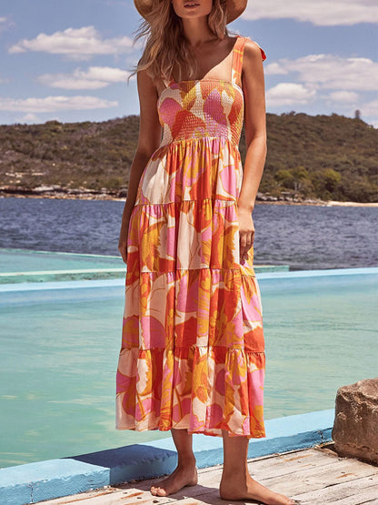 Leaves Printed Tie-shoulder Sleeveless Holiday Maxi Dress