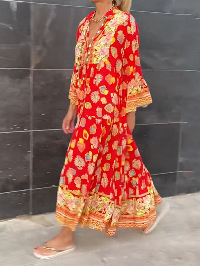 Red Printed Long Sleeves Maxi Dress