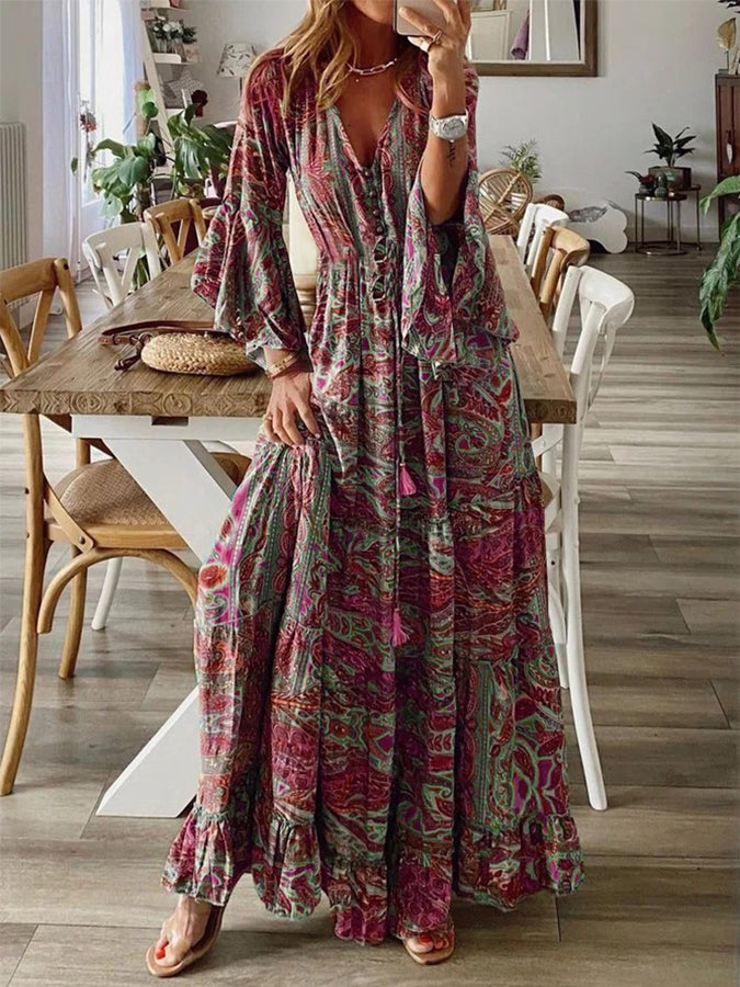 Printed V Neck Long Sleeves Maxi Dress