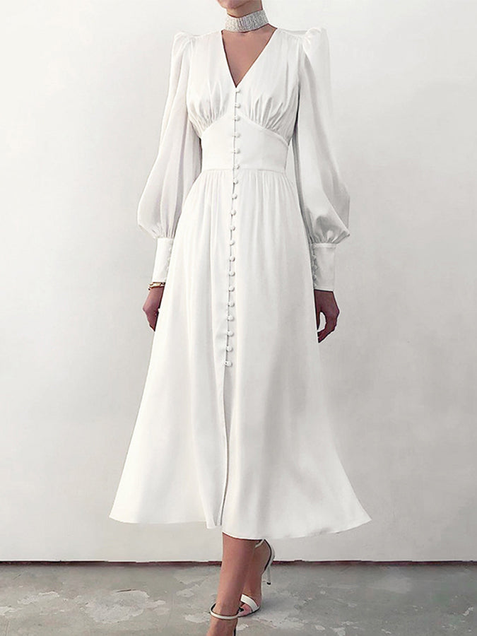 Long Sleeves Buttoned V Neck Maxi Dress