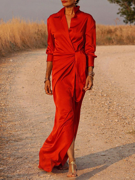 Long Sleeves Lace-up Slit Maxi Dress
