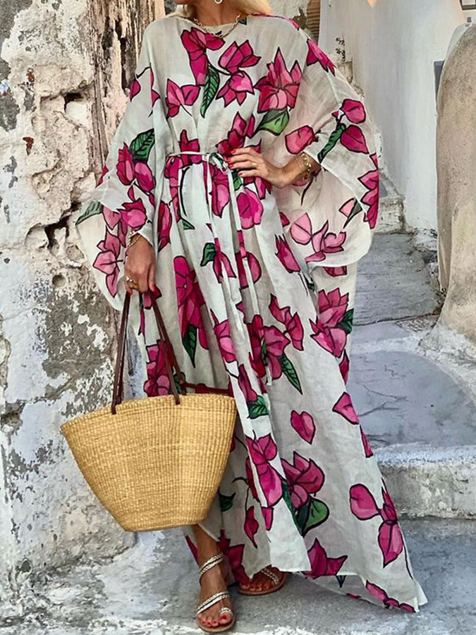 Printed Round Neck Loose Lace-up Maxi Dress