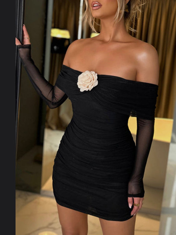 Off Shoulder Mesh Sleeves 3d Flower Slim Mini Dress