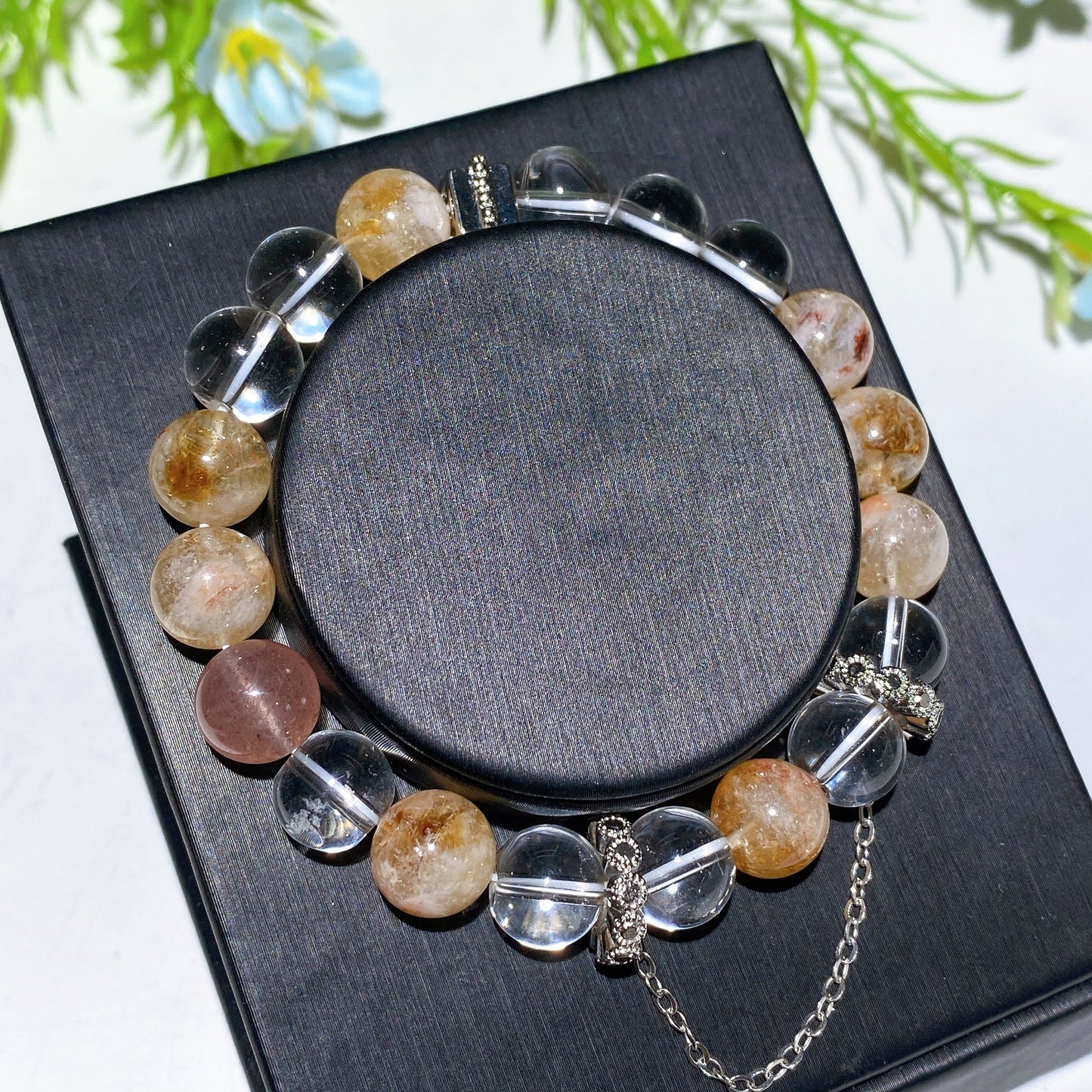 10mm Mixed Crystal Spiritual Bracelet With Chain Decor