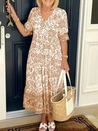 V-neck Print Loose Maxi Dress