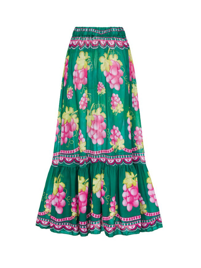 Ruffled Deep V Retro Green Grapes Print One Piece Swimsuit and Skirt