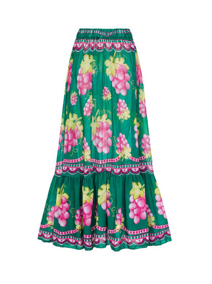 Ruffled Deep V Cutout Retro Green Grapes Print One Piece Swimsuit and Skirt