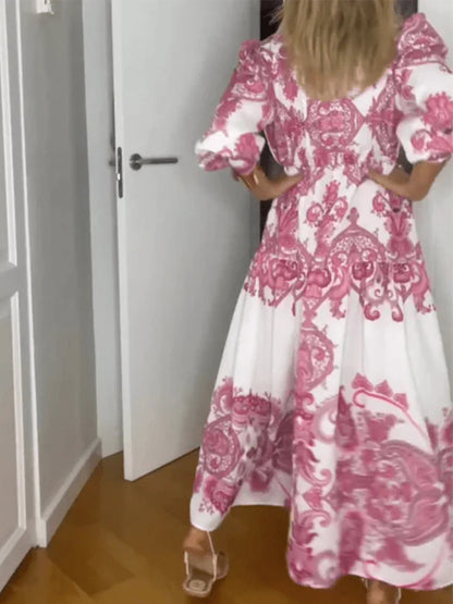 Tribal Printed V Neck Long Sleeves Maxi Dress