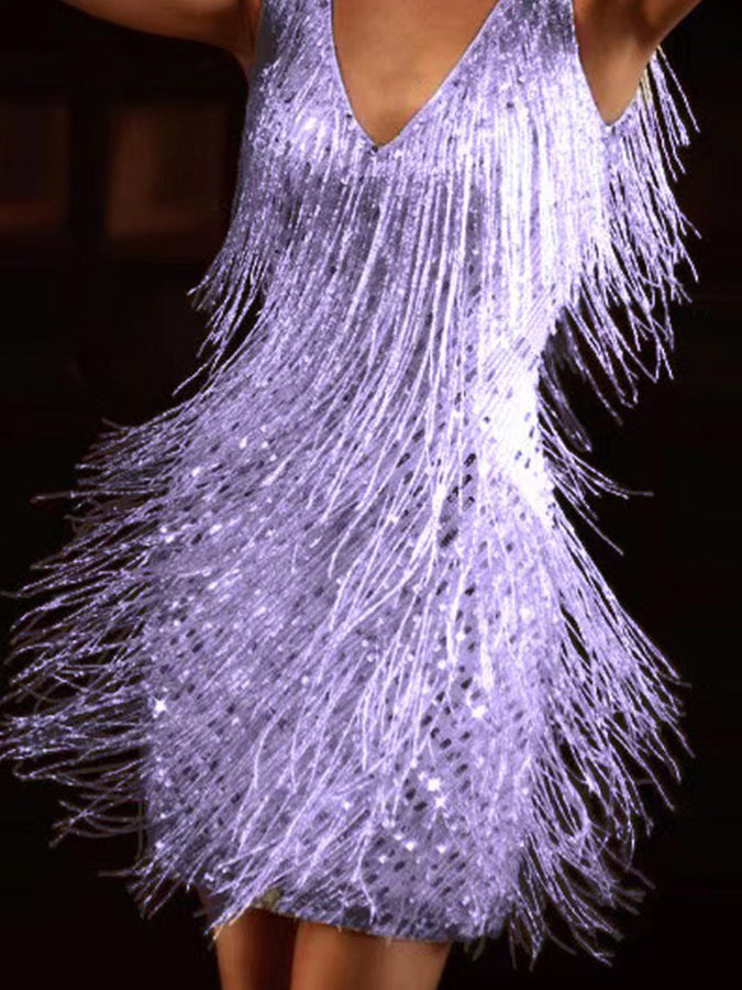 V Neck Sleeveless Fringed Mini Dress