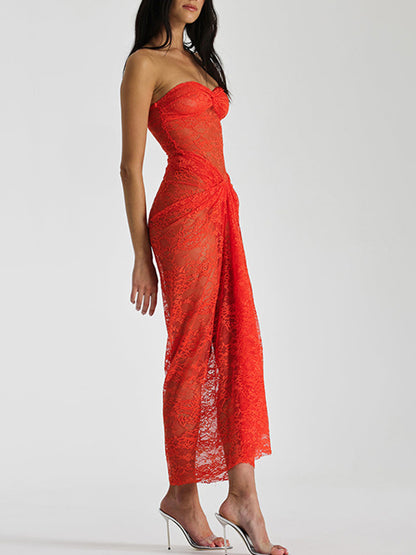 Lace Off Shoulder See-through Maxi Dress