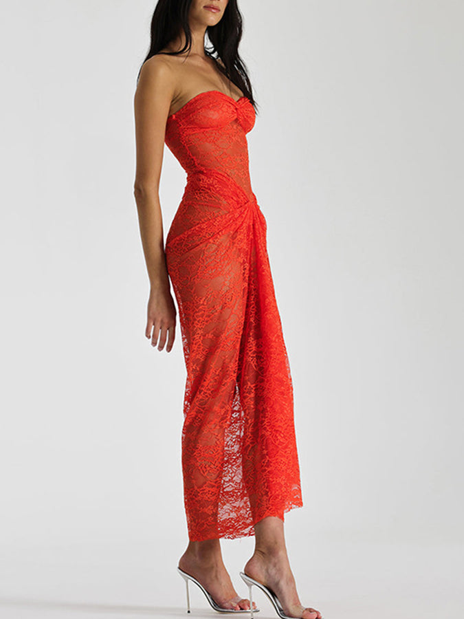Lace Off Shoulder See-through Maxi Dress