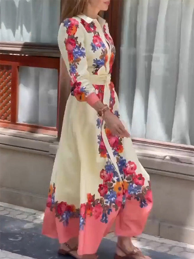 New Long Sleeves Shirt Collar Printed Lace -up Maxi Dress