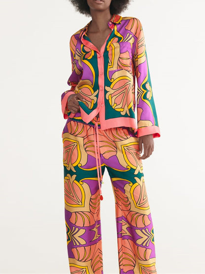 Printed Long Sleeves Blouses and Pants Sets