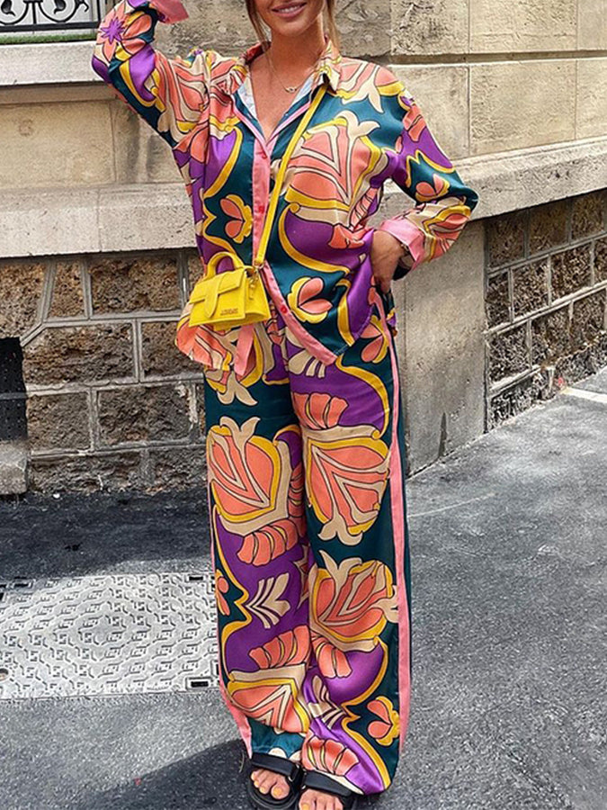 Printed Long Sleeves Blouses and Pants Sets