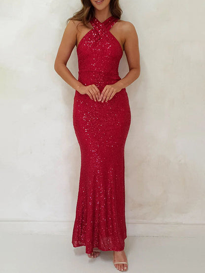Backless Sleeveless Sequined Long Dress