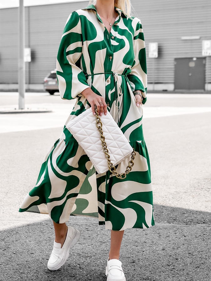 Geometric Printed Long Sleeves Buttoned Slit Shirt Maxi Dress