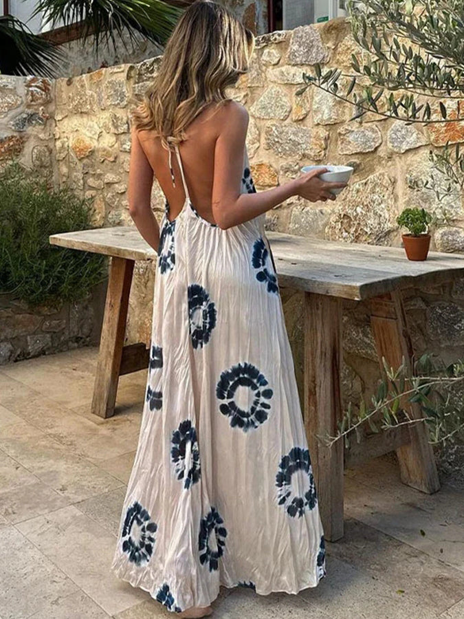 V Neck Backless Printed Maxi Dress