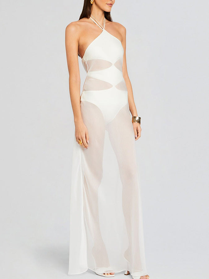 White Halter Cut-out One Piece Swimsuit and See-through Maxi Dress