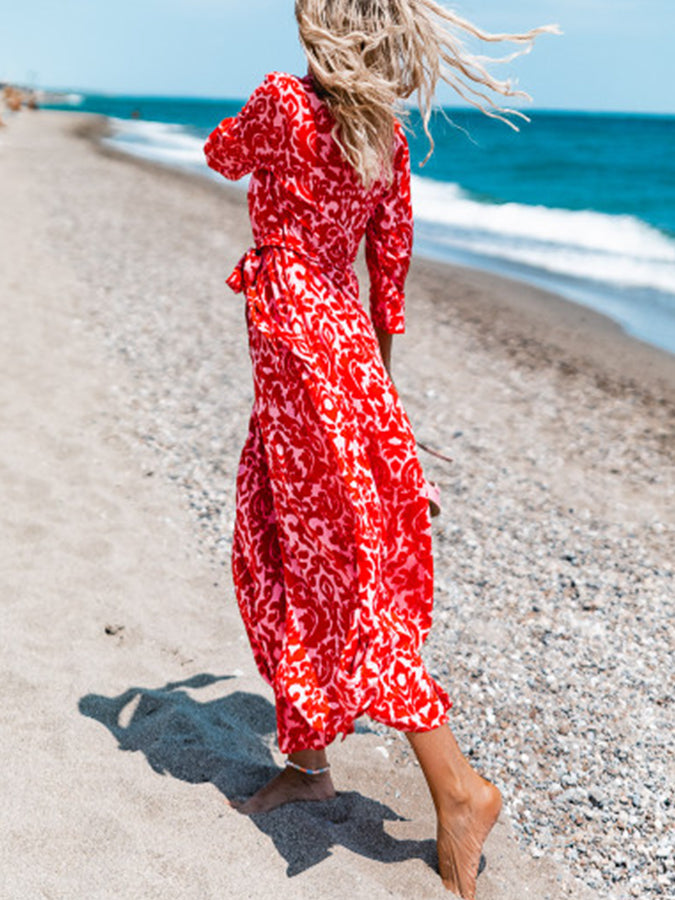 Red Printed Long Sleeves Maxi Dress