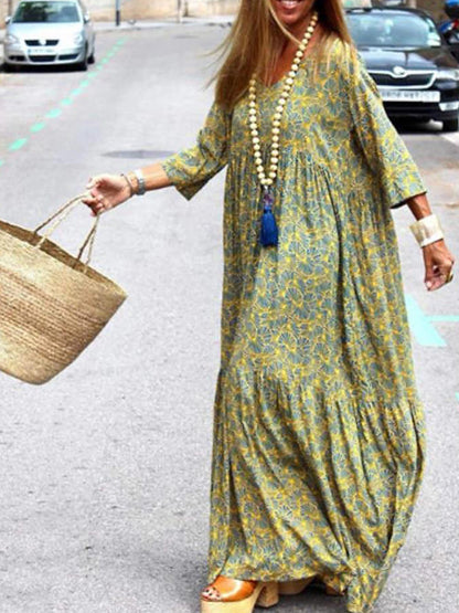 Long Sleeves Printed V Neck Maxi Dress