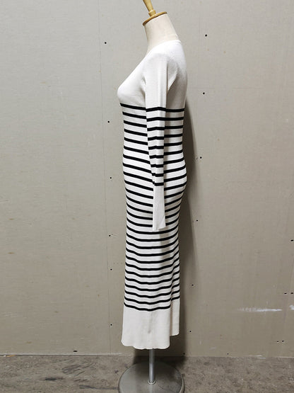 Long Sleeves Stripes Knitted V Neck Maxi Dress