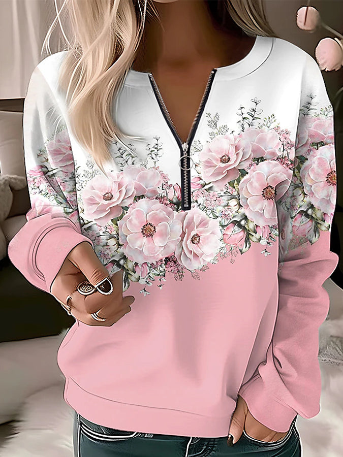 V Neck Zipper Long Sleeves Sweatershirt