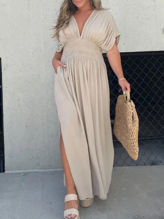 V Neck Batwing Sleeves Elastic Waist Maxi Dress