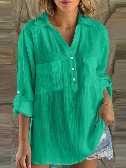 Long Sleeves Buttoned Cotton-linen Blouses