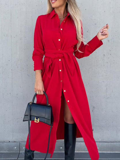 Shirt Collar Long Sleeves Buttoned Maxi Dress