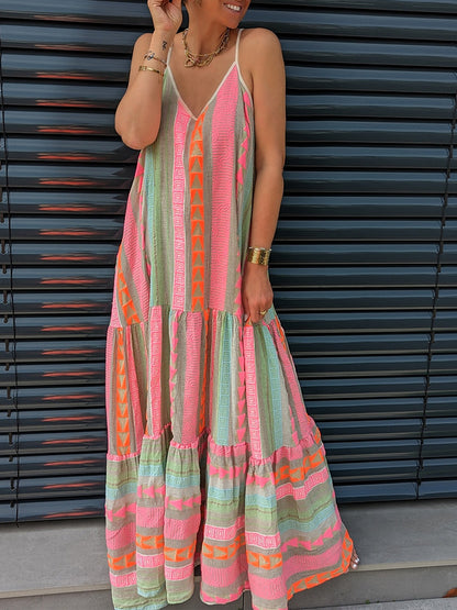 V Neck Sleeveless Tribal Holiday Maxi Dress