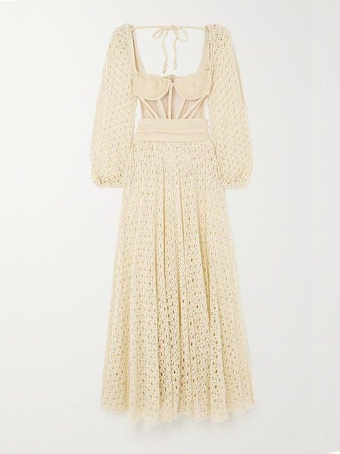 Natural Cutout Stretch-jersey and Crochet-knit Maxi Dress