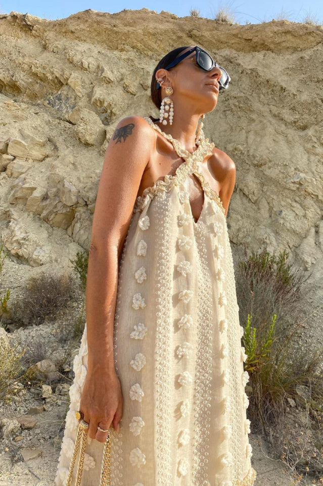 3d Flower Patchwork Halter Maxi Dress