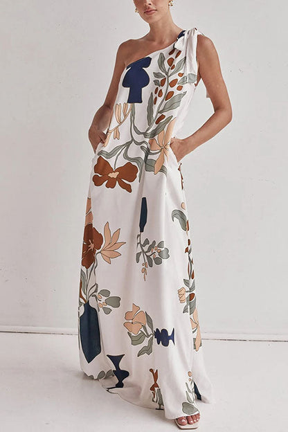Tie Knot One Shoulder Print Maxi Dress