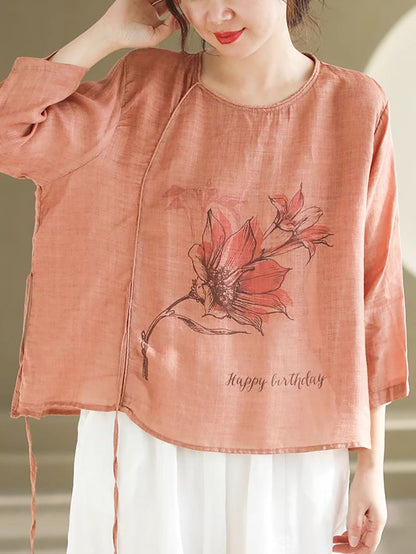 Spring Flower Strap Ramie Blouse Pa1032