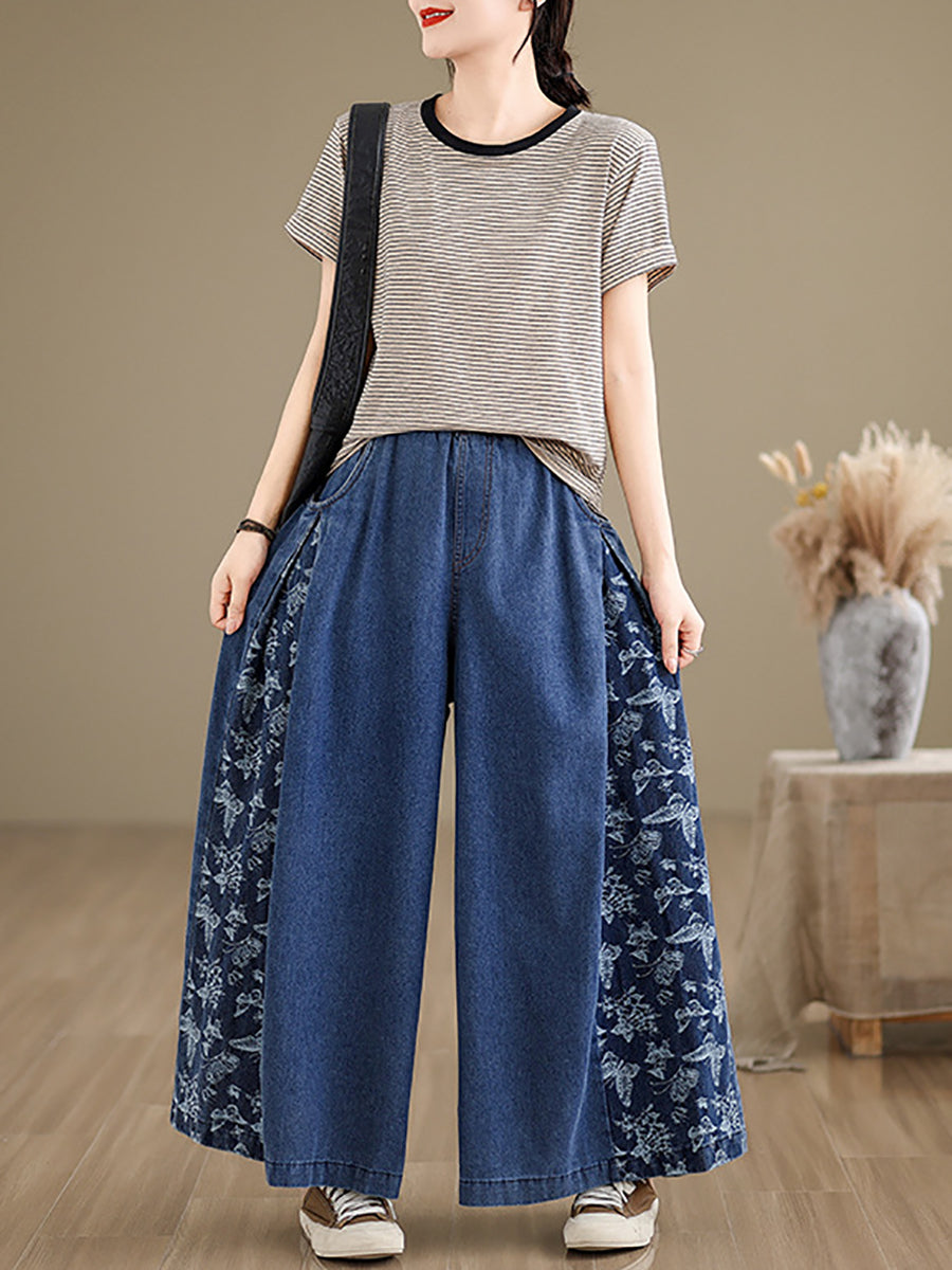 Summer Butterfly Spliced Wide-leg Denim Pants Co1030
