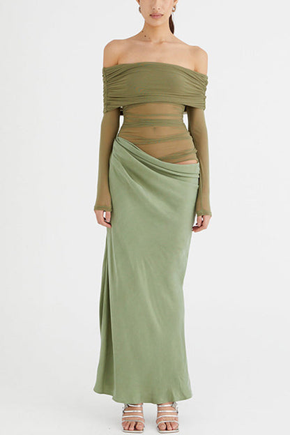 Off Shoulder Mesh Patchwork Ruched Maxi Dress