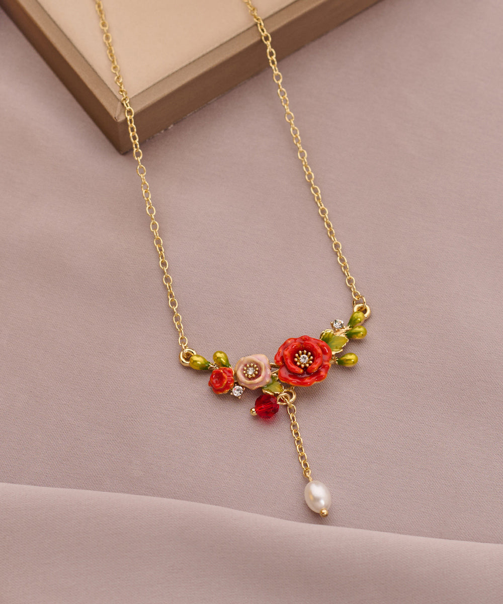 Gold Sterling Silver Alloy Pearl Tassel Pendant Necklace