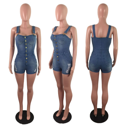 Denim Slim Fit Slimming Jumpsuit Spray White Ripped Jumpsuit Denim Shorts