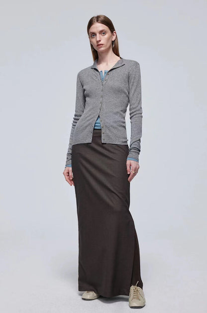 Gray Ribbed Button Knitwear Cardigan
