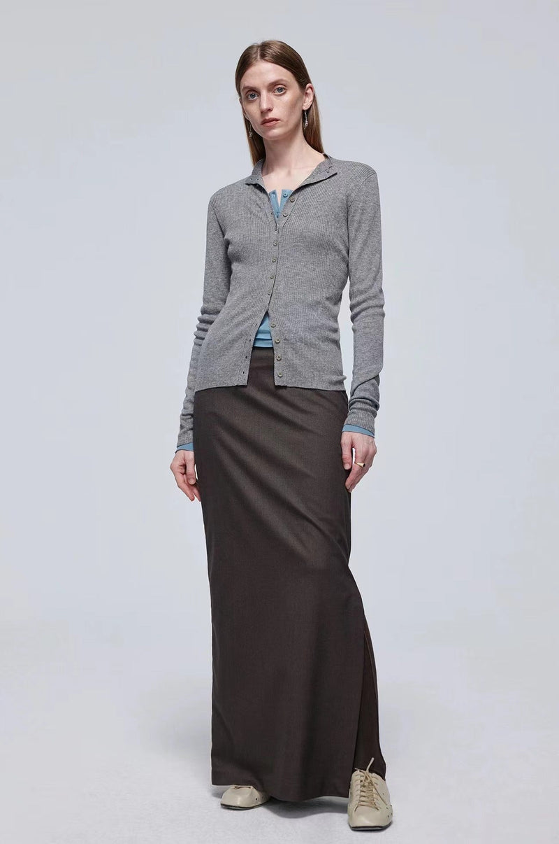 Gray Ribbed Button Knitwear Cardigan