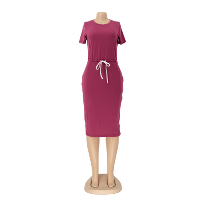 Dress Basic Elastic Waist Short Sleeve Color T Shirt Midi Dress