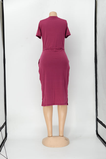 Dress Basic Elastic Waist Short Sleeve Color T Shirt Midi Dress