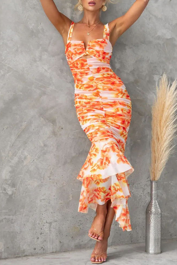 Styled to Perfection Ruched Mesh Overlay Ruffle Hem Maxi Dress