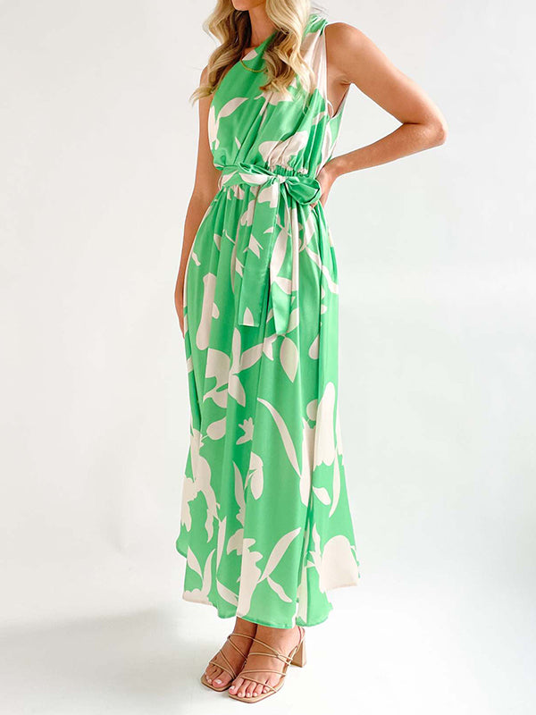 Loose Sleeveless Bandage Contrast Color Hollow Printed One-shoulder Midi Dresses