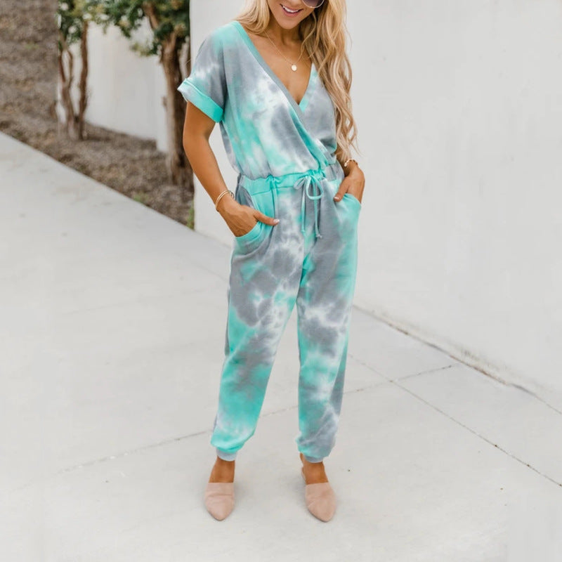 Tie Dyed Printed V Neck Short Sleeved Jumpsuit