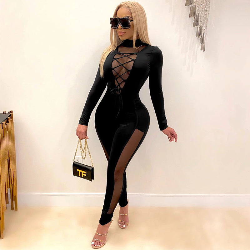 Lace Up Stitching See Through Long Sleeve Jumpsuit