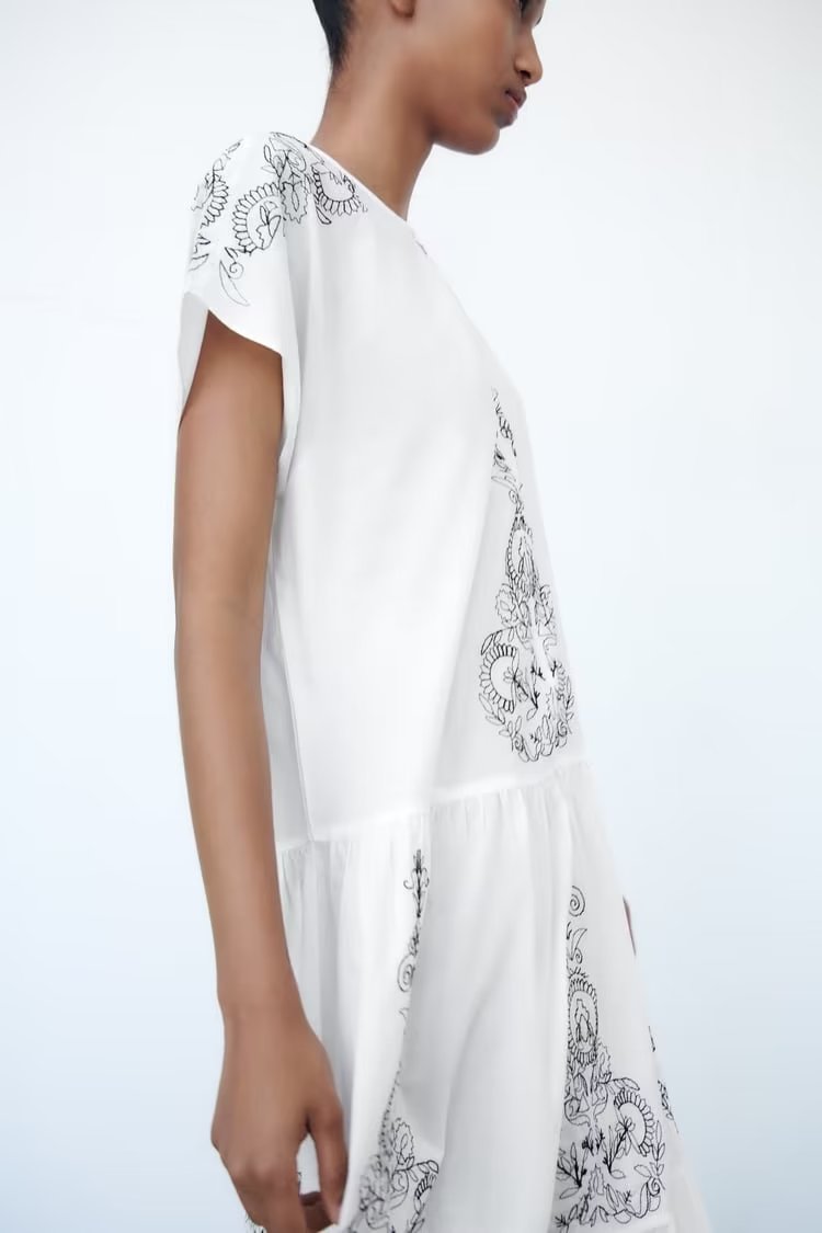 Summer Clothing Cotton Contrast Color Embroidery Midi Dress